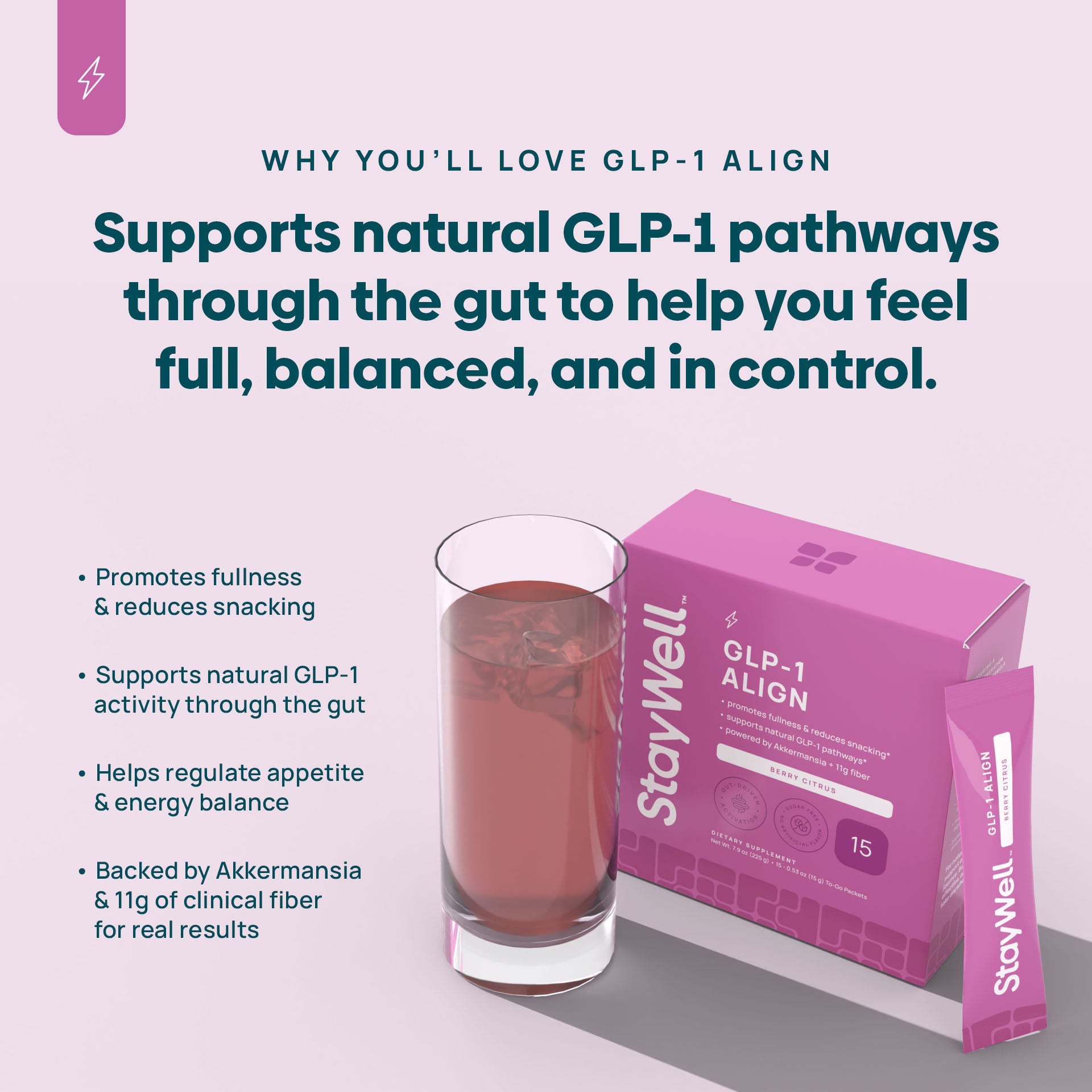 StayWell GLP-1 Align product with a glass of liquid on a light purple background